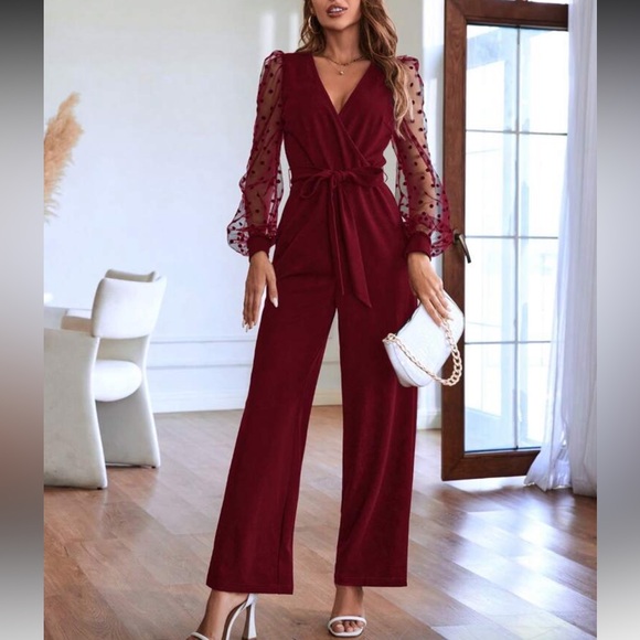 Boho polka dots mesh lantern sleeve belted jumpsuit - Picture 2 of 6